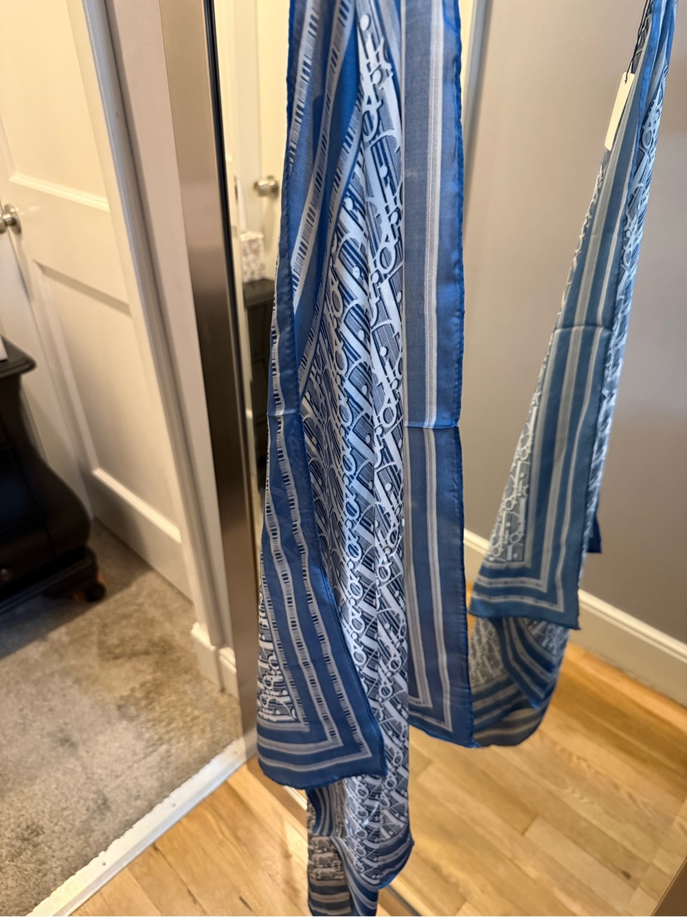 Dior Blue and White Striped Logo Silk Scarf